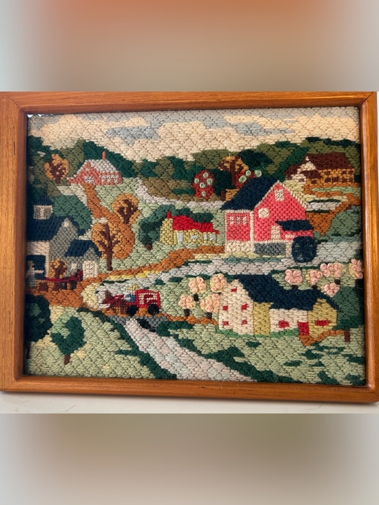 Vintage hooked rug art Other - Vintage Handcrafted Hooked Rug Wall Art - Countryside Scene. Teak wood frame